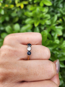 9051: Vintage: 18ct Gold Platinum French Blue Sapphires Round Full Cut Diamond Ring- elegant, exquisite, sparkling