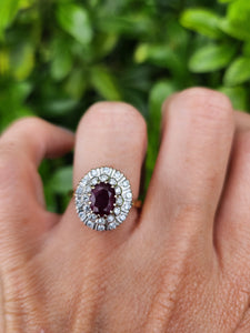 A9046: Vintage; Exceptional 18ct Gold Ruby Diamonds Double Halo Cluster- total eye candy