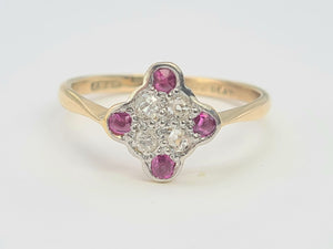6220 Vintage: 9ct Gold Platinum Set Rubies Diamonds Geometric Set Ring