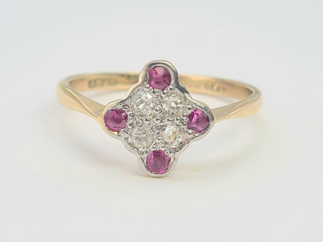 6220 Vintage: 9ct Gold Platinum Set Rubies Diamonds Geometric Set Ring