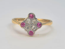 Load image into Gallery viewer, 6220 Vintage: 9ct Gold Platinum Set Rubies Diamonds Geometric Set Ring
