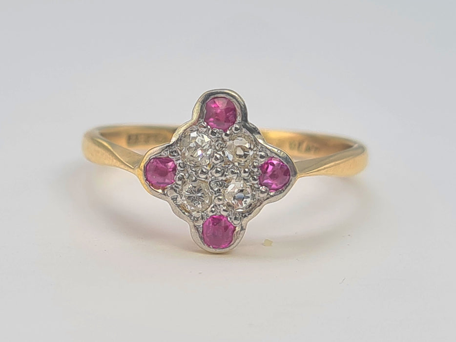 6220 Vintage: 9ct Gold Platinum Set Rubies Diamonds Geometric Set Ring