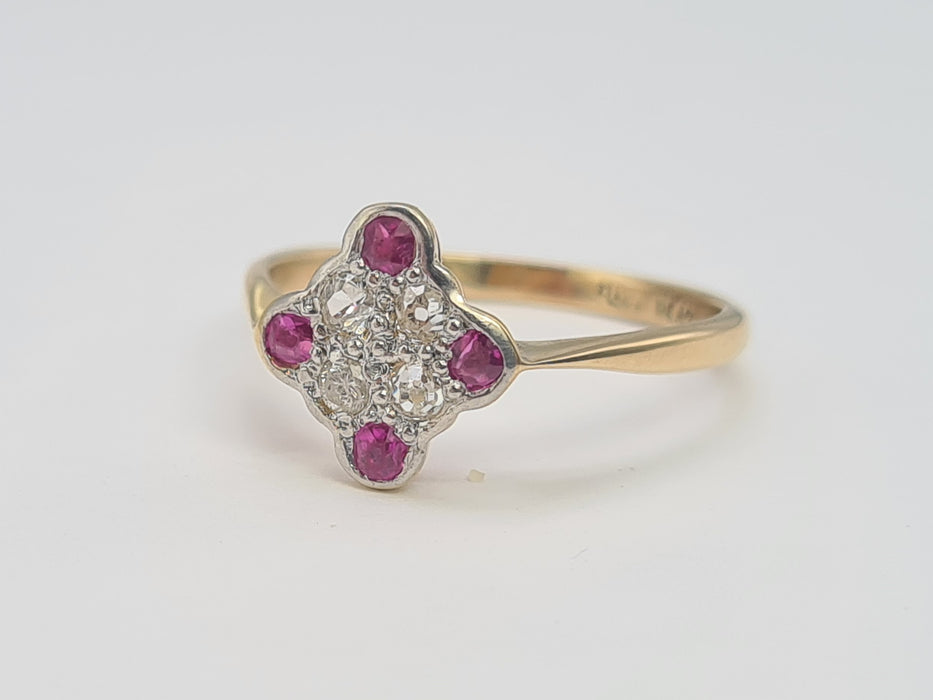 6220 Vintage: 9ct Gold Platinum Set Rubies Diamonds Geometric Set Ring