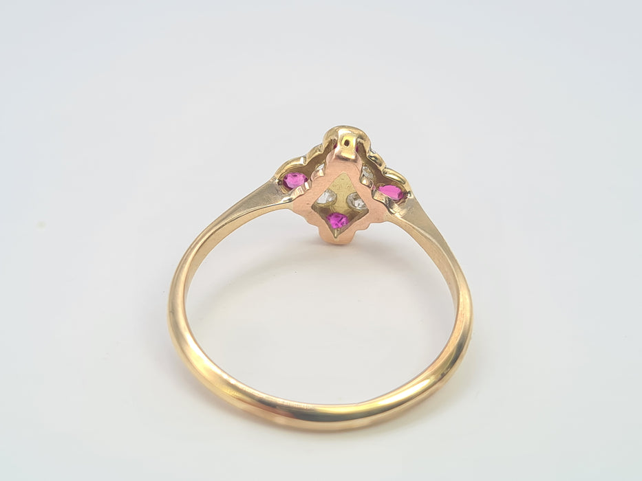 6220 Vintage: 9ct Gold Platinum Set Rubies Diamonds Geometric Set Ring