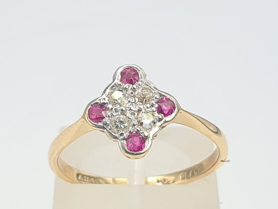 6220 Vintage: 9ct Gold Platinum Set Rubies Diamonds Geometric Set Ring