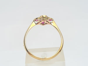 6220 Vintage: 9ct Gold Platinum Set Rubies Diamonds Geometric Set Ring