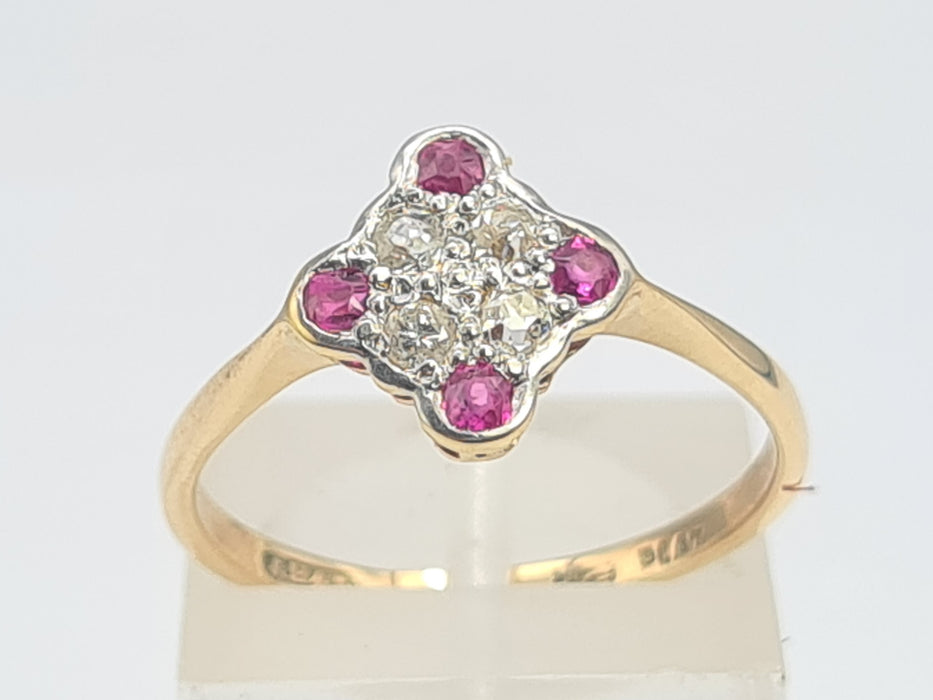 6220 Vintage: 9ct Gold Platinum Set Rubies Diamonds Geometric Set Ring