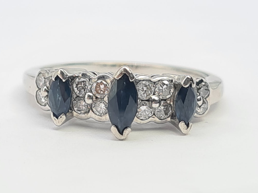 A8005: Vintage: 18ct White Gold Marquise Cut Blue Sapphires 16 Diamonds Dress/Stacker Ring- lovely symmetry