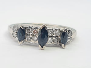 A8005: Vintage: 18ct White Gold Marquise Cut Blue Sapphires 16 Diamonds Dress/Stacker Ring- lovely symmetry