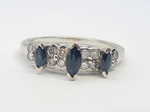 A8005: Vintage: 18ct White Gold Marquise Cut Blue Sapphires 16 Diamonds Dress/Stacker Ring- lovely symmetry