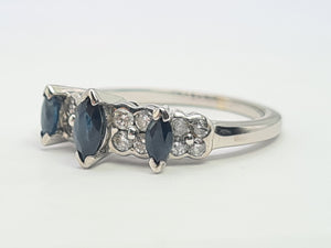 A8005: Vintage: 18ct White Gold Marquise Cut Blue Sapphires 16 Diamonds Dress/Stacker Ring- lovely symmetry