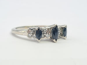 A8005: Vintage: 18ct White Gold Marquise Cut Blue Sapphires 16 Diamonds Dress/Stacker Ring- lovely symmetry