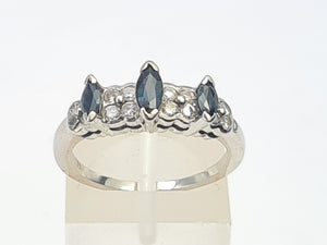 A8005: Vintage: 18ct White Gold Marquise Cut Blue Sapphires 16 Diamonds Dress/Stacker Ring- lovely symmetry