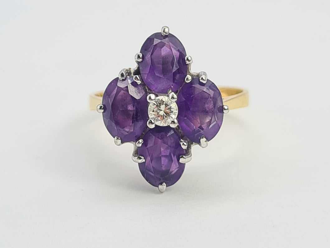 A9073: Vintage: 18ct Gold Rich Purple Amethyst Full Cut Diamond Geometric Set Ring- Exquisite