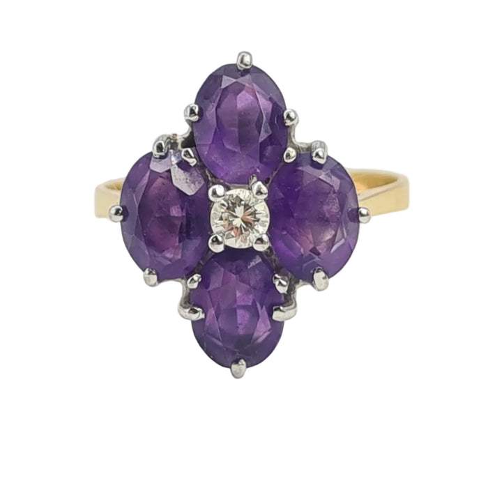 6176 Vintage: 18ct Gold Rich Purple Amethyst Full Cut Diamond Harlequin  Ring