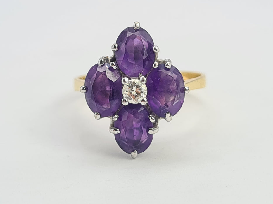 6176 Vintage: 18ct Gold Rich Purple Amethyst Full Cut Diamond Harlequin  Ring