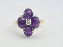 Load image into Gallery viewer, A9073: Vintage: 18ct Gold Rich Purple Amethyst Full Cut Diamond Geometric Set Ring- Exquisite
