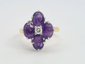 A9073: Vintage: 18ct Gold Rich Purple Amethyst Full Cut Diamond Geometric Set Ring- Exquisite