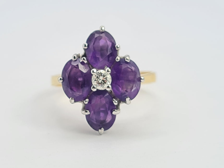 6176 Vintage: 18ct Gold Rich Purple Amethyst Full Cut Diamond Harlequin  Ring