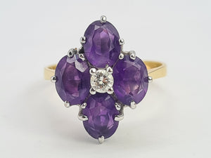 A9073: Vintage: 18ct Gold Rich Purple Amethyst Full Cut Diamond Geometric Set Ring- Exquisite