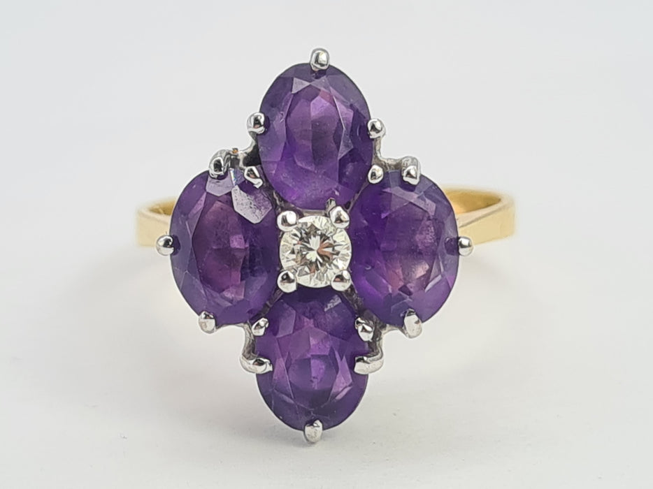 6176 Vintage: 18ct Gold Rich Purple Amethyst Full Cut Diamond Harlequin  Ring