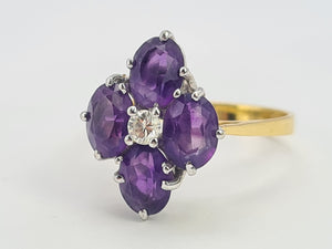 A9073: Vintage: 18ct Gold Rich Purple Amethyst Full Cut Diamond Geometric Set Ring- Exquisite