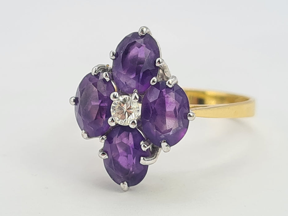 6176 Vintage: 18ct Gold Rich Purple Amethyst Full Cut Diamond Harlequin  Ring