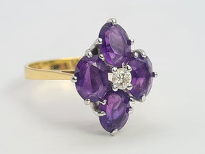 A9073: Vintage: 18ct Gold Rich Purple Amethyst Full Cut Diamond Geometric Set Ring- Exquisite