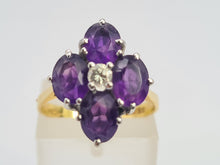 Load image into Gallery viewer, A9073: Vintage: 18ct Gold Rich Purple Amethyst Full Cut Diamond Geometric Set Ring- Exquisite
