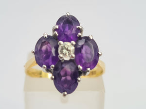 A9073: Vintage: 18ct Gold Rich Purple Amethyst Full Cut Diamond Geometric Set Ring- Exquisite