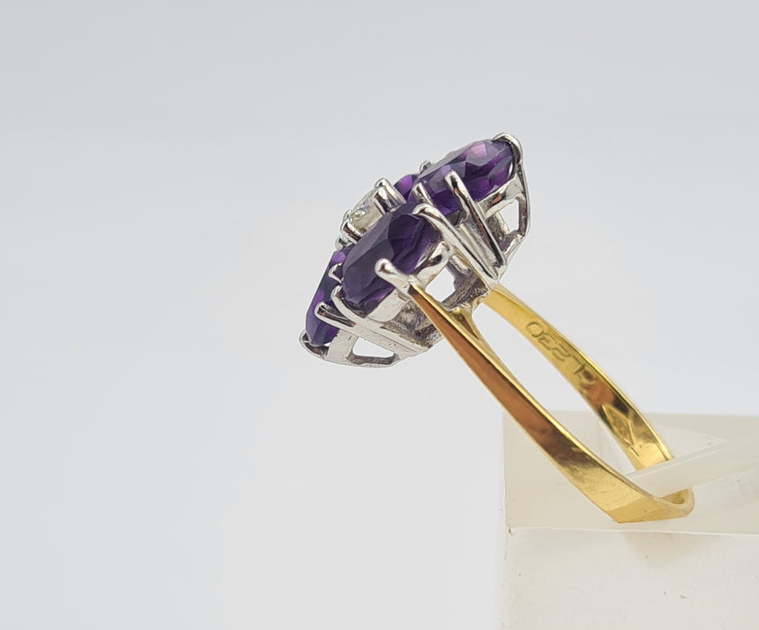 6176 Vintage: 18ct Gold Rich Purple Amethyst Full Cut Diamond Harlequin  Ring