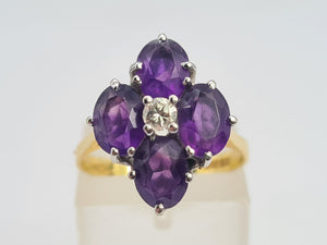 A9073: Vintage: 18ct Gold Rich Purple Amethyst Full Cut Diamond Geometric Set Ring- Exquisite