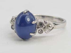 A9077: Vintage Rare 18ct White Gold Cabochon Cut Blue Star Sapphire Diamond Accents- crisp, clean, eye candy