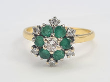 Load image into Gallery viewer, 9083:Vintage: 18ct Gold 6 Emeralds 7 Diamonds Flower Head Ring- timeless classic. nice weight, sparkling
