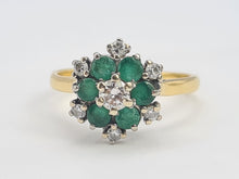 Load image into Gallery viewer, 9083:Vintage: 18ct Gold 6 Emeralds 7 Diamonds Flower Head Ring- timeless classic. nice weight, sparkling
