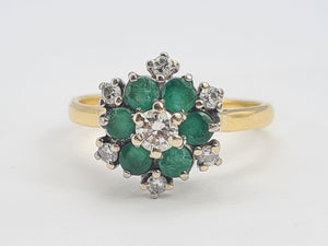 9083:Vintage: 18ct Gold 6 Emeralds 7 Diamonds Flower Head Ring- timeless classic. nice weight, sparkling