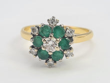 Load image into Gallery viewer, 9083:Vintage: 18ct Gold 6 Emeralds 7 Diamonds Flower Head Ring- timeless classic. nice weight, sparkling
