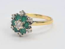 Load image into Gallery viewer, 9083:Vintage: 18ct Gold 6 Emeralds 7 Diamonds Flower Head Ring- timeless classic. nice weight, sparkling
