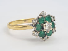 Load image into Gallery viewer, 9083:Vintage: 18ct Gold 6 Emeralds 7 Diamonds Flower Head Ring- timeless classic. nice weight, sparkling
