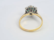 Load image into Gallery viewer, 9083:Vintage: 18ct Gold 6 Emeralds 7 Diamonds Flower Head Ring- timeless classic. nice weight, sparkling
