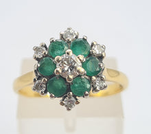 Load image into Gallery viewer, 9083:Vintage: 18ct Gold 6 Emeralds 7 Diamonds Flower Head Ring- timeless classic. nice weight, sparkling
