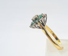 Load image into Gallery viewer, 9083:Vintage: 18ct Gold 6 Emeralds 7 Diamonds Flower Head Ring- timeless classic. nice weight, sparkling
