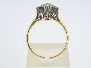 9083:Vintage: 18ct Gold 6 Emeralds 7 Diamonds Flower Head Ring- timeless classic. nice weight, sparkling