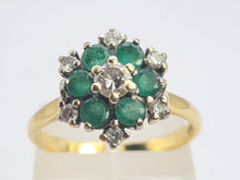 Load image into Gallery viewer, 9083:Vintage: 18ct Gold 6 Emeralds 7 Diamonds Flower Head Ring- timeless classic. nice weight, sparkling
