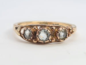 A8061: Antique, 9ct Gold Boat Shaped Aquamarines Trilogy Ring- ancient..would work well as stacker