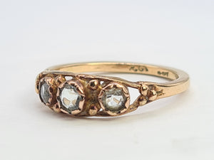 A8061: Antique, 9ct Gold Boat Shaped Aquamarines Trilogy Ring- ancient..would work well as stacker