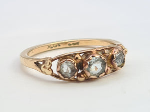 A8061: Antique, 9ct Gold Boat Shaped Aquamarines Trilogy Ring- ancient..would work well as stacker