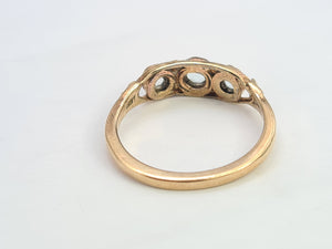 A8061: Antique, 9ct Gold Boat Shaped Aquamarines Trilogy Ring- ancient..would work well as stacker