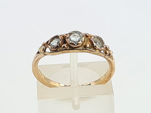 A8061: Antique, 9ct Gold Boat Shaped Aquamarines Trilogy Ring- ancient..would work well as stacker