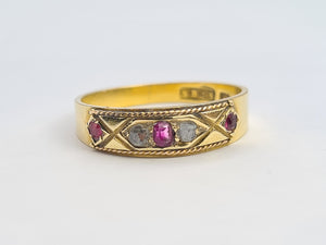 A8068: Antique: (1919) 15ct Gold Rubies Diamonds Band- 105 Years old. Incredible condition, Hallmarked in 1919